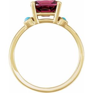 14K Yellow Gold 8x6 mm Natural Rhodolite Garnet & Natural Turquoise Ring