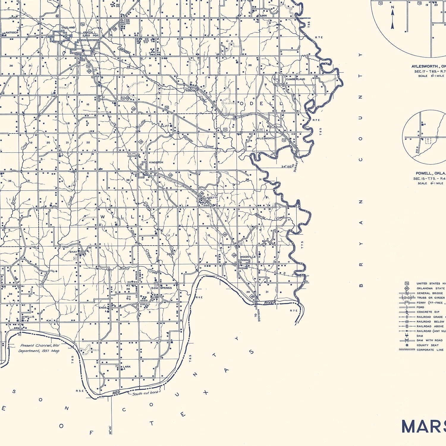 Vintage Map of Marshall County, Oklahoma 1936
