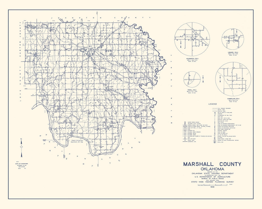 Vintage Map of Marshall County, Oklahoma 1936