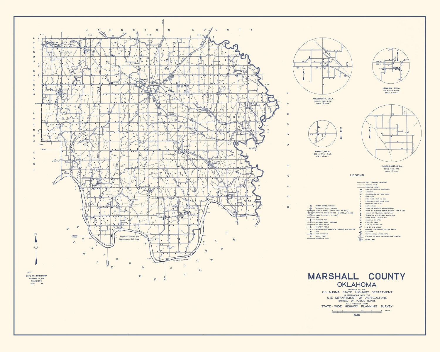 Vintage Map of Marshall County, Oklahoma 1936