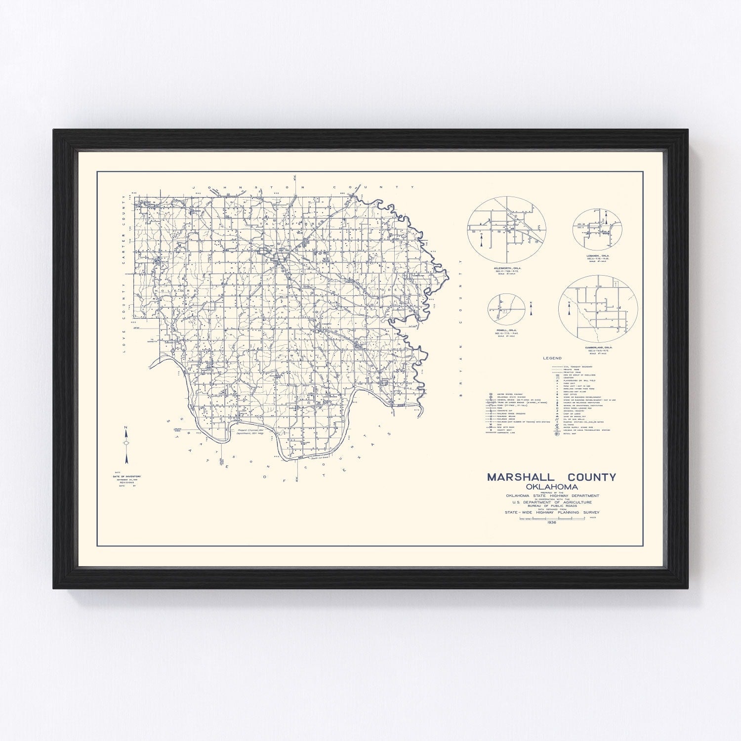 Vintage Map of Marshall County, Oklahoma 1936