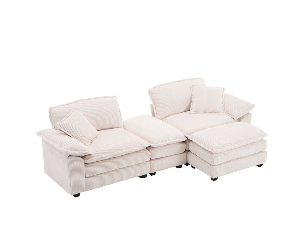 Corduroy 2-seats sofa With 2 back pillows,2 toss pillows and two ottoman,Comfy Sofa- Deep Seat Couch for Living Room,White