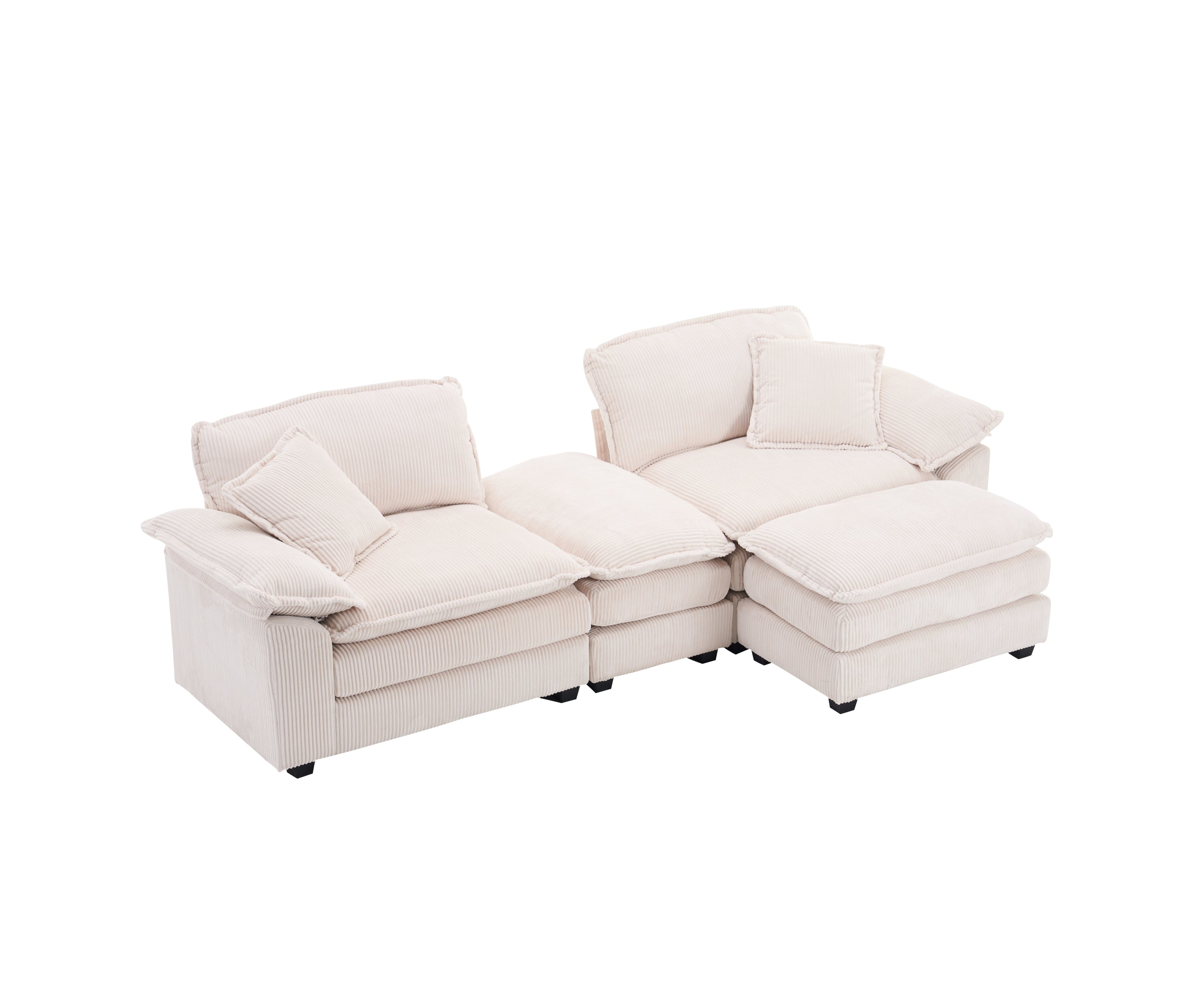 Corduroy 2-seats sofa With 2 back pillows,2 toss pillows and two ottoman,Comfy Sofa- Deep Seat Couch for Living Room,White