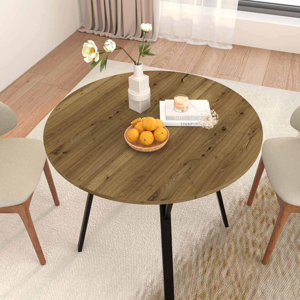 35.43 Inch Round Dining Table, Small Circle Kitchen Table with Metal Black Legs for 2-4 people,Modern Dining Room Table, Brown (only table)