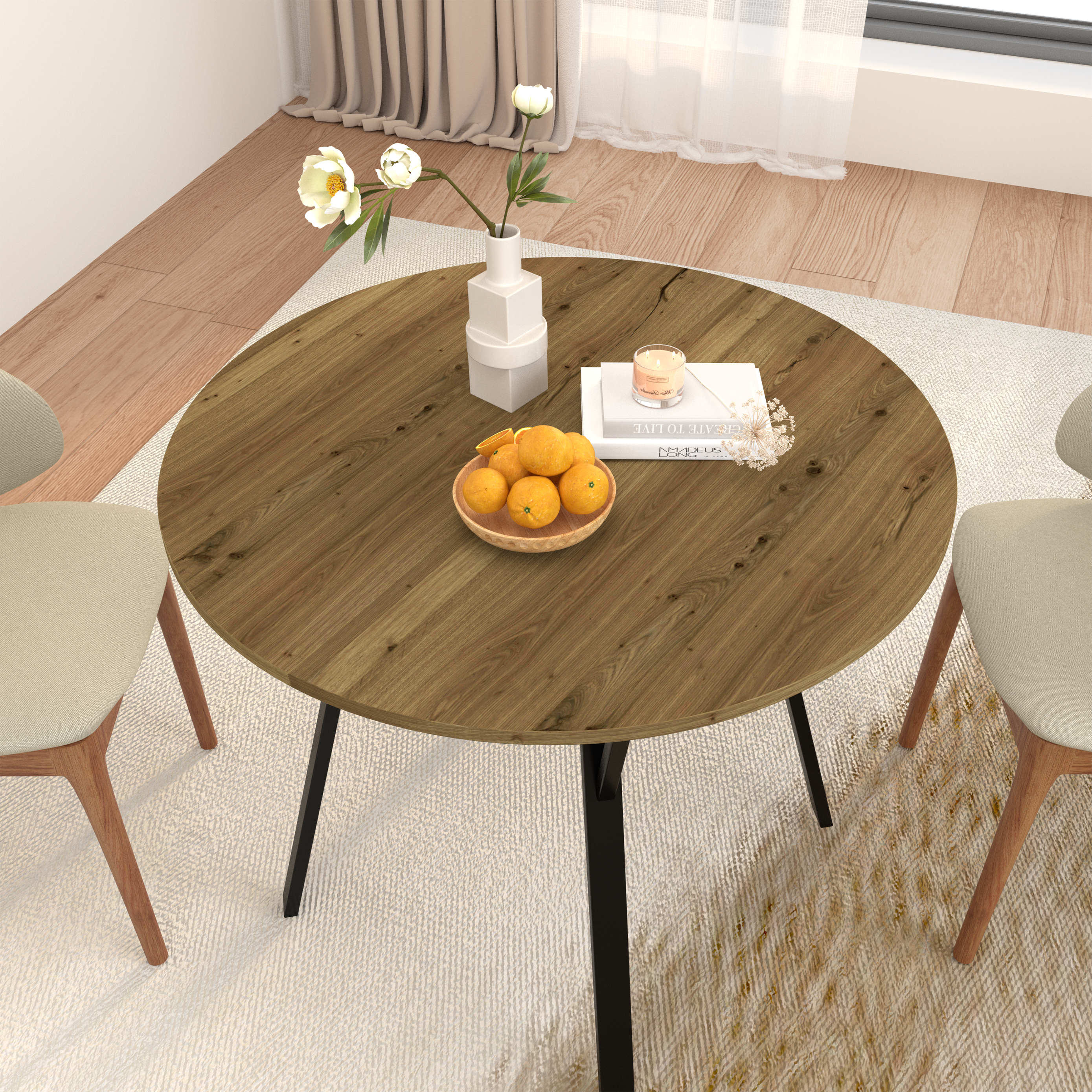 35.43 Inch Round Dining Table, Small Circle Kitchen Table with Metal Black Legs for 2-4 people,Modern Dining Room Table, Brown (only table)