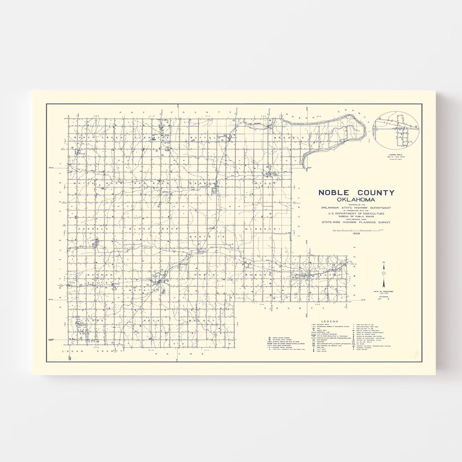 Vintage Map of Noble County, Oklahoma 1936