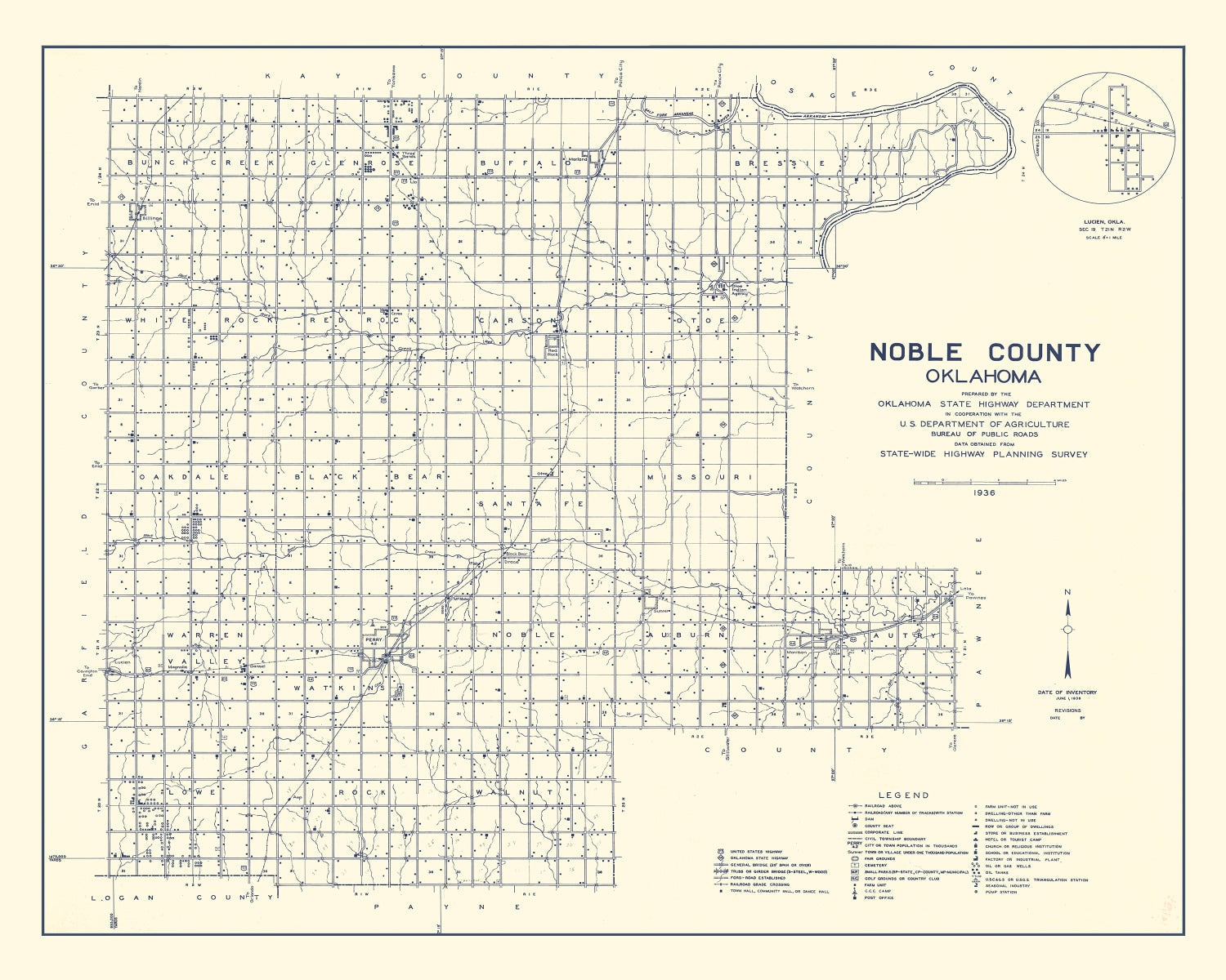 Vintage Map of Noble County, Oklahoma 1936