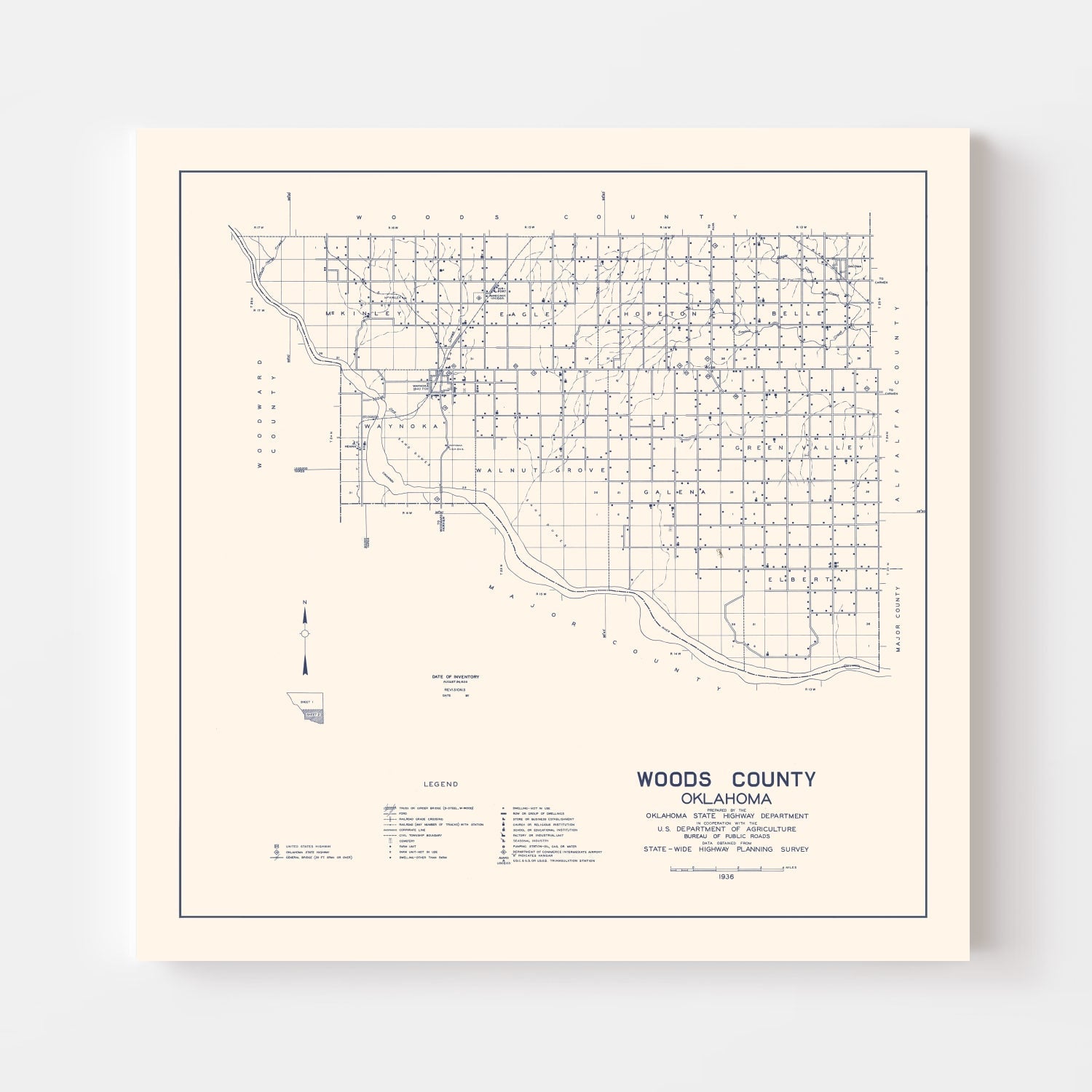 Vintage Map of Woods County, Oklahoma 1936