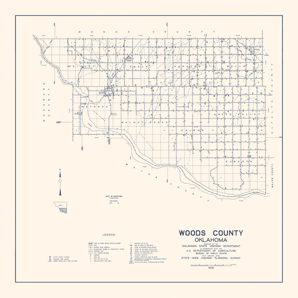 Vintage Map of Woods County, Oklahoma 1936