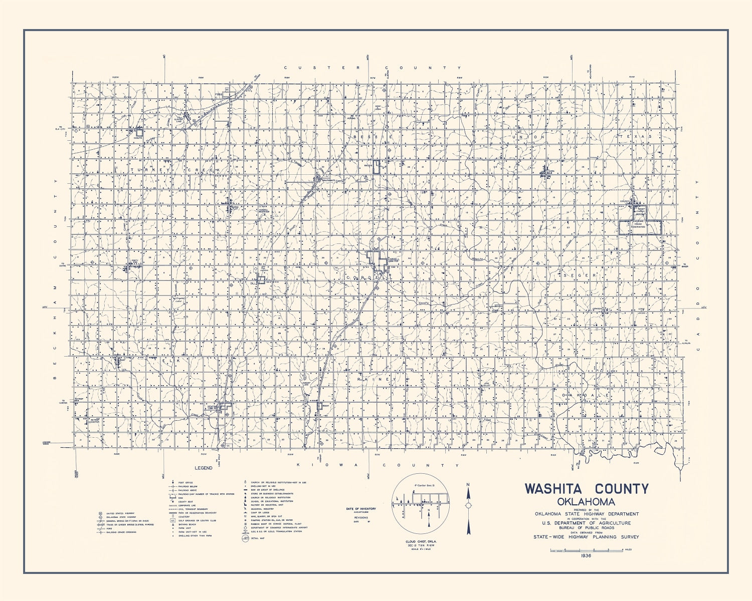 Vintage Map of Washita County, Oklahoma 1936