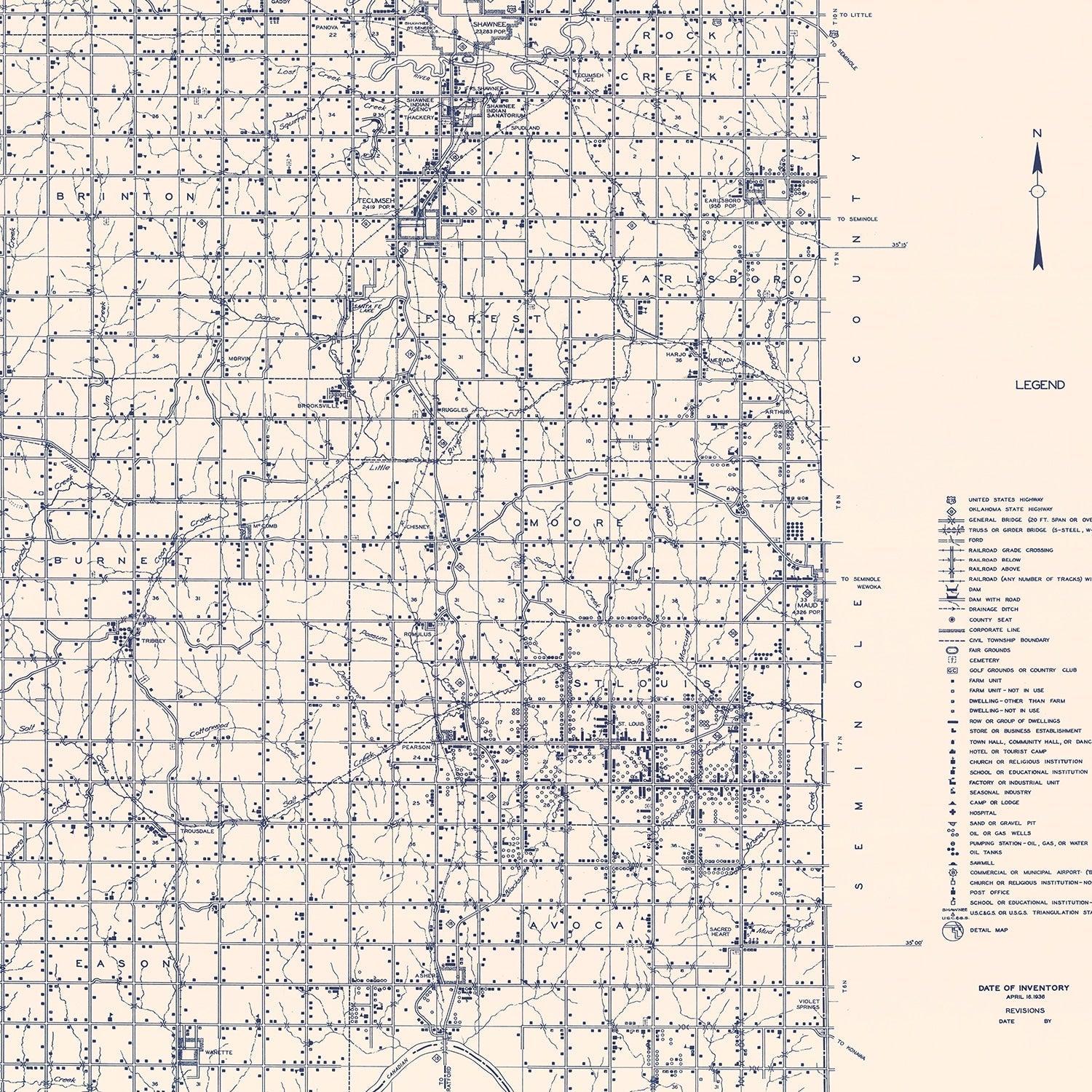 Vintage Map of Pottawatomie County, Oklahoma 1936