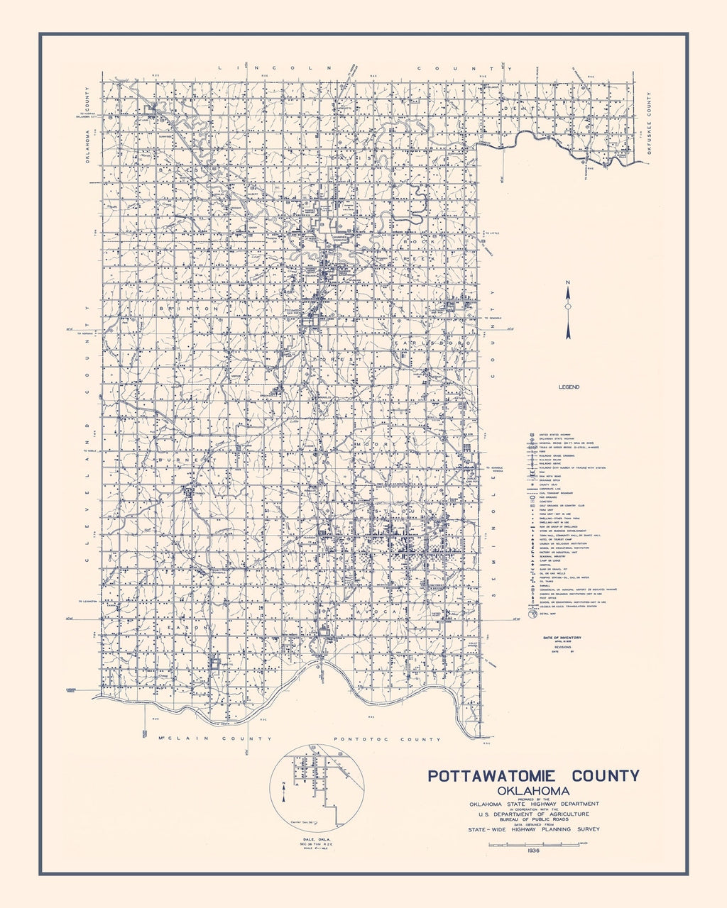 Vintage Map of Pottawatomie County, Oklahoma 1936