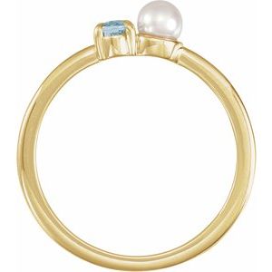 14K Yellow Gold Natural Aquamarine & Cultured White Akoya Pearl Ring