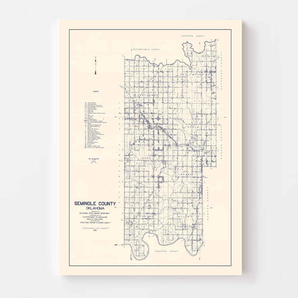 Vintage Map of Seminole County, Oklahoma 1936