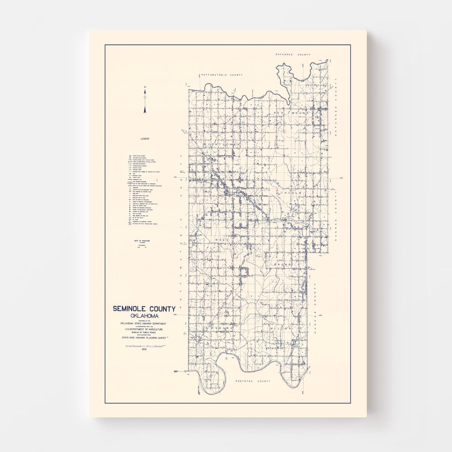 Vintage Map of Seminole County, Oklahoma 1936
