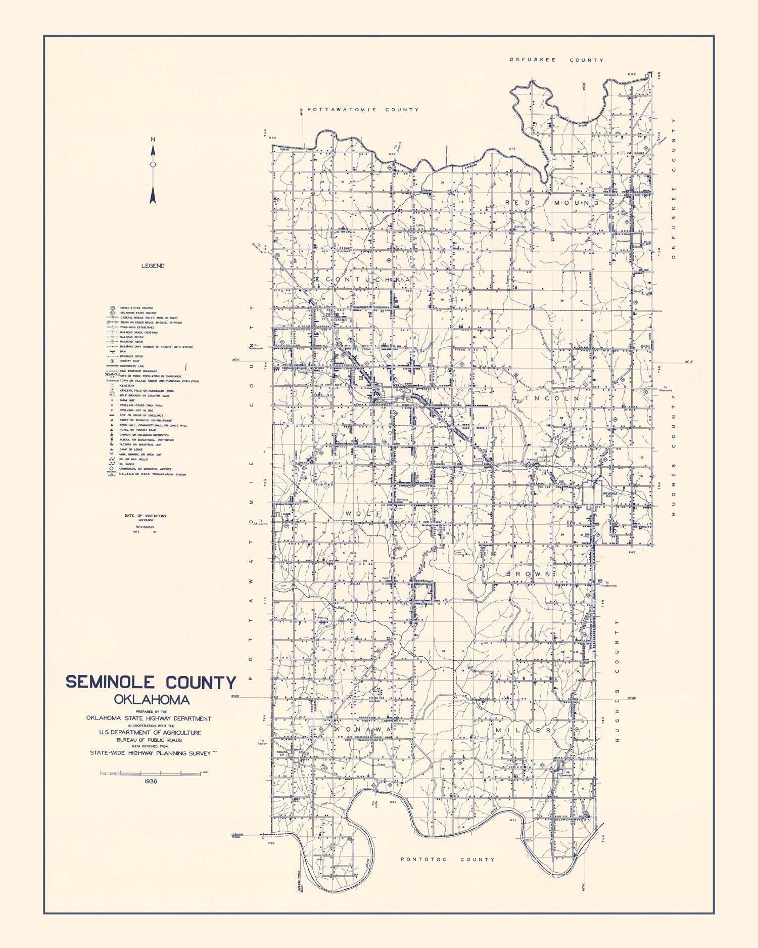 Vintage Map of Seminole County, Oklahoma 1936