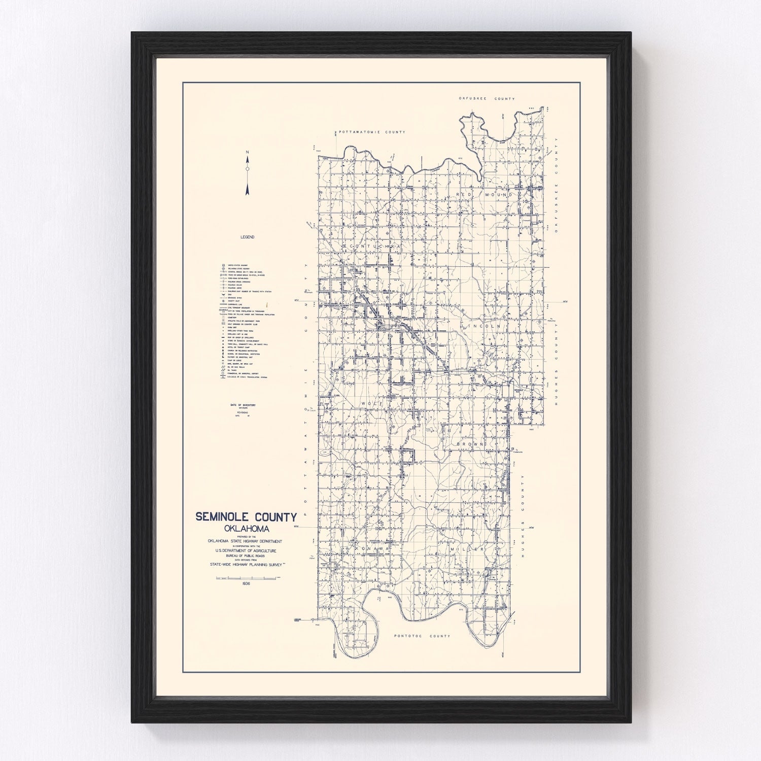 Vintage Map of Seminole County, Oklahoma 1936