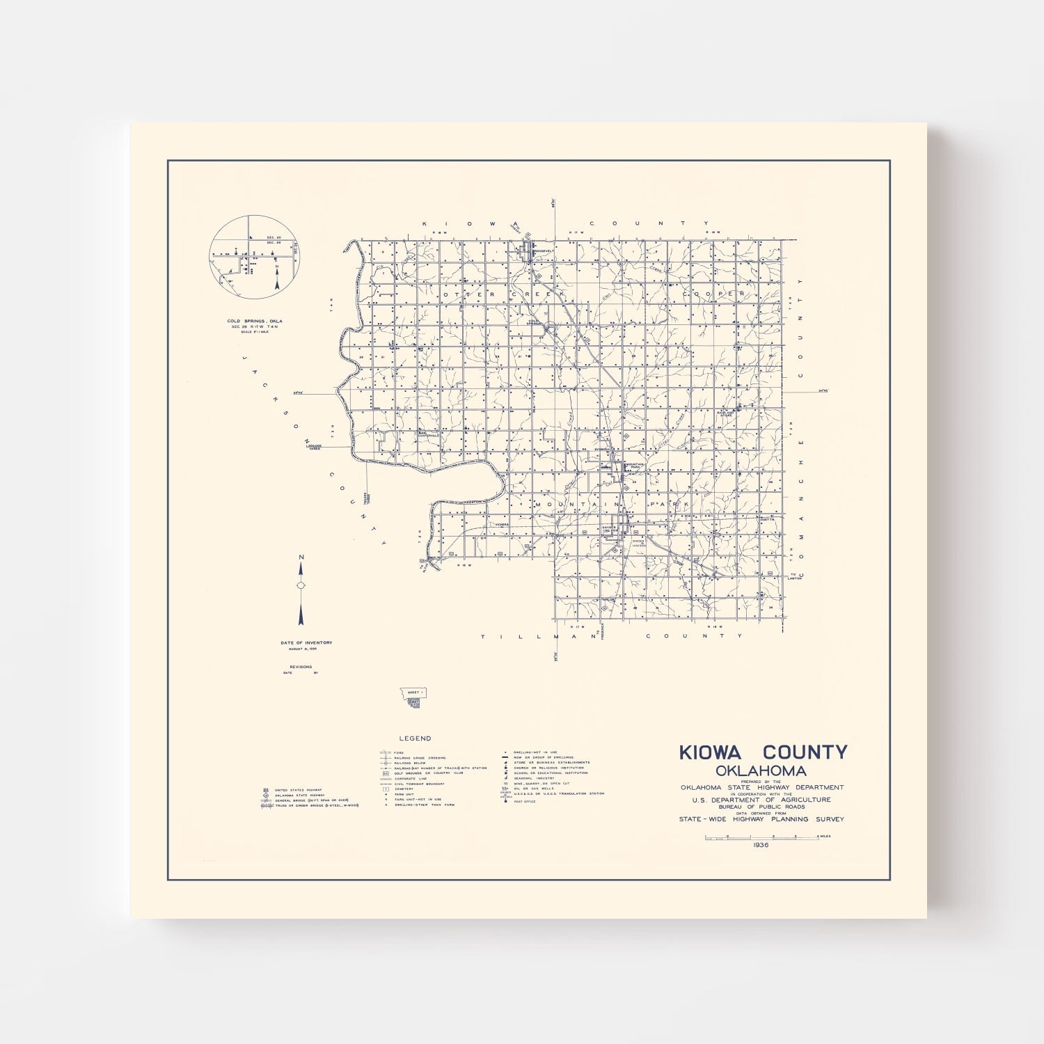 Vintage Map of Kiowa County, Oklahoma 1936
