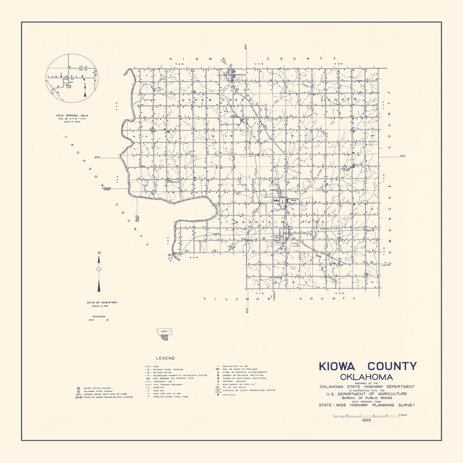 Vintage Map of Kiowa County, Oklahoma 1936
