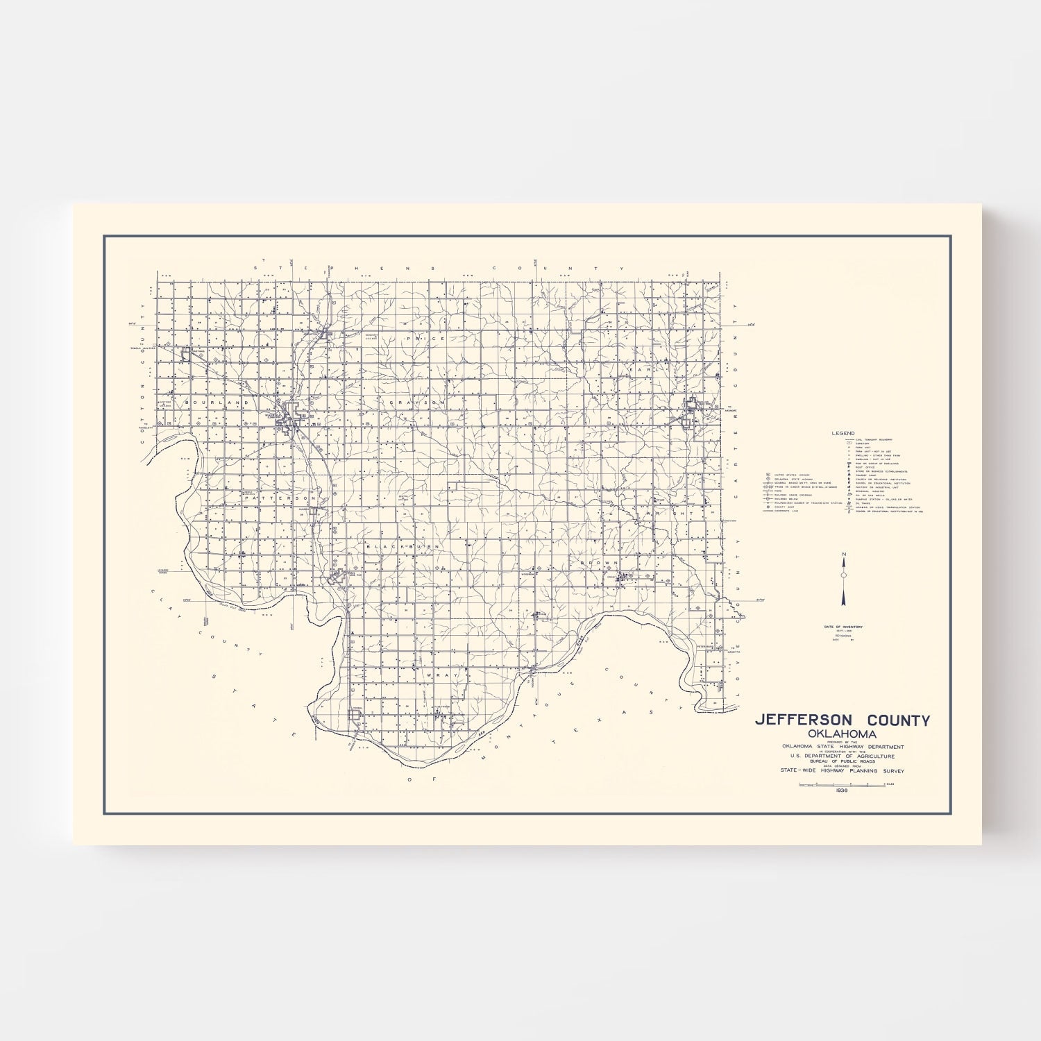 Vintage Map of Jefferson County, Oklahoma 1936