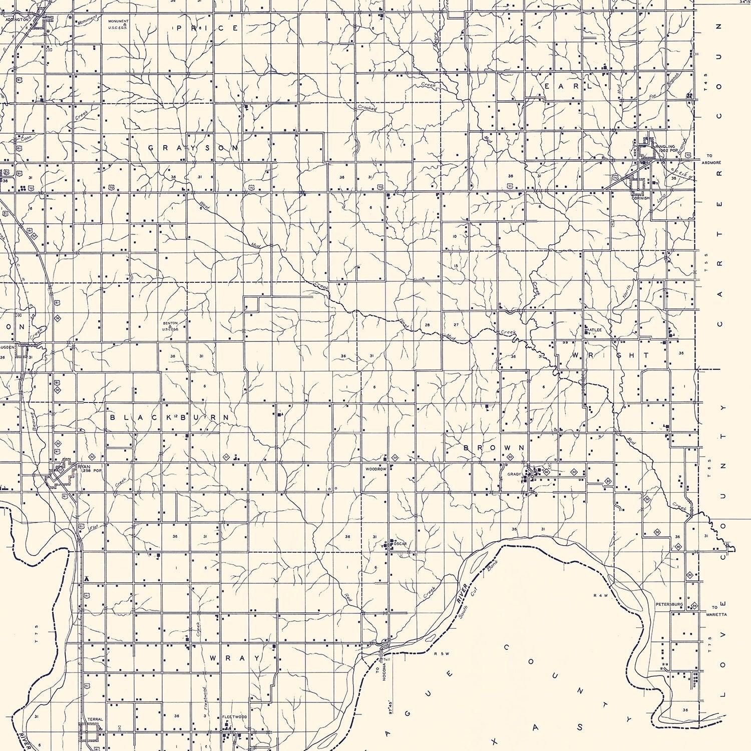 Vintage Map of Jefferson County, Oklahoma 1936