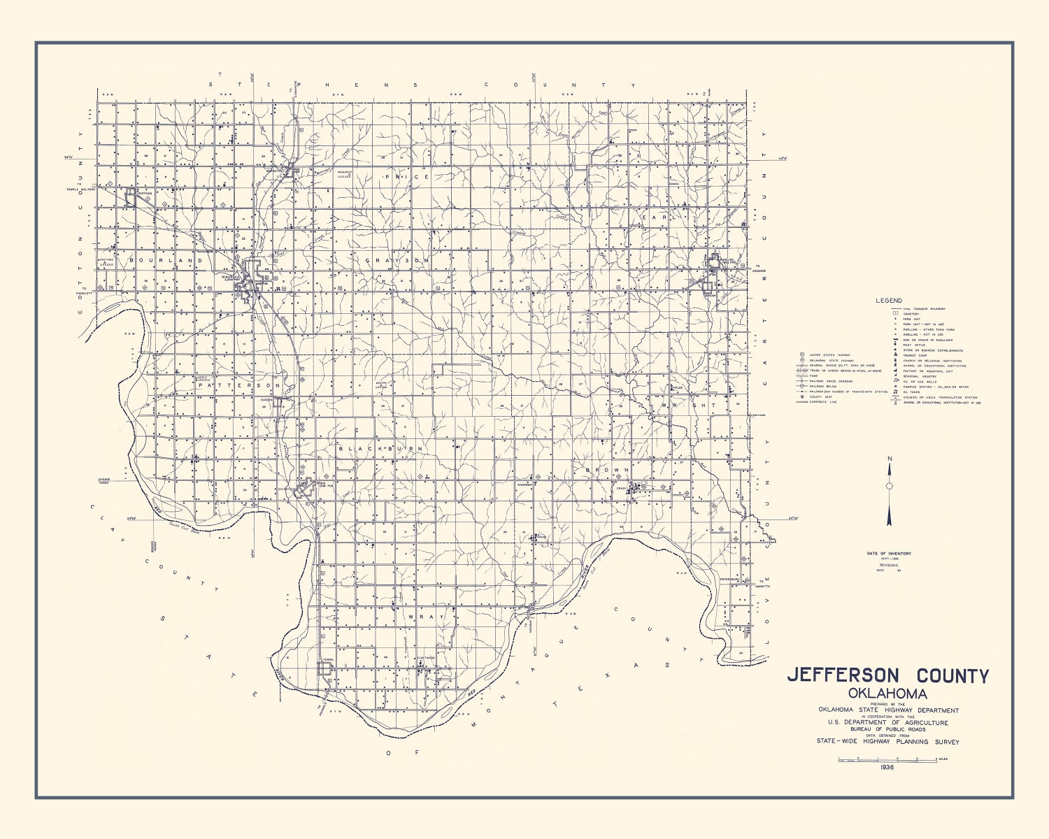 Vintage Map of Jefferson County, Oklahoma 1936