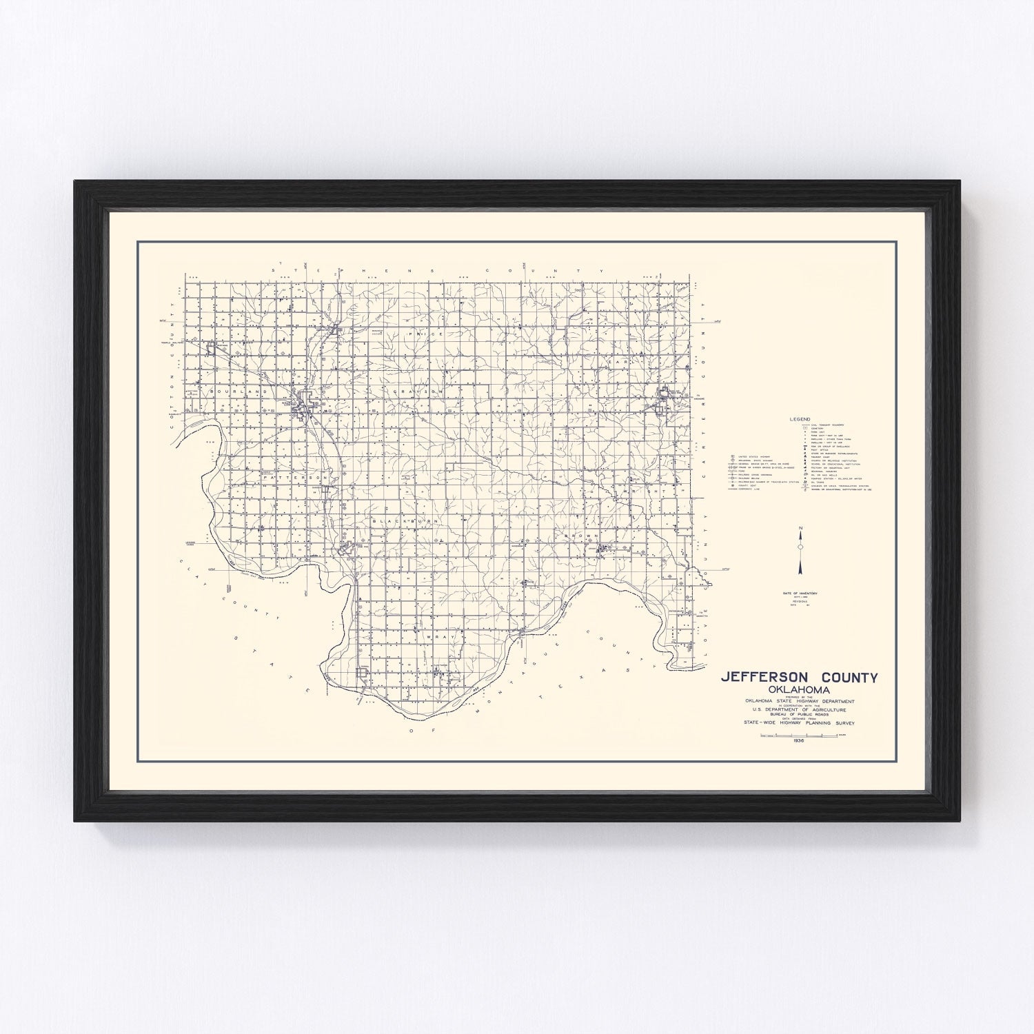 Vintage Map of Jefferson County, Oklahoma 1936