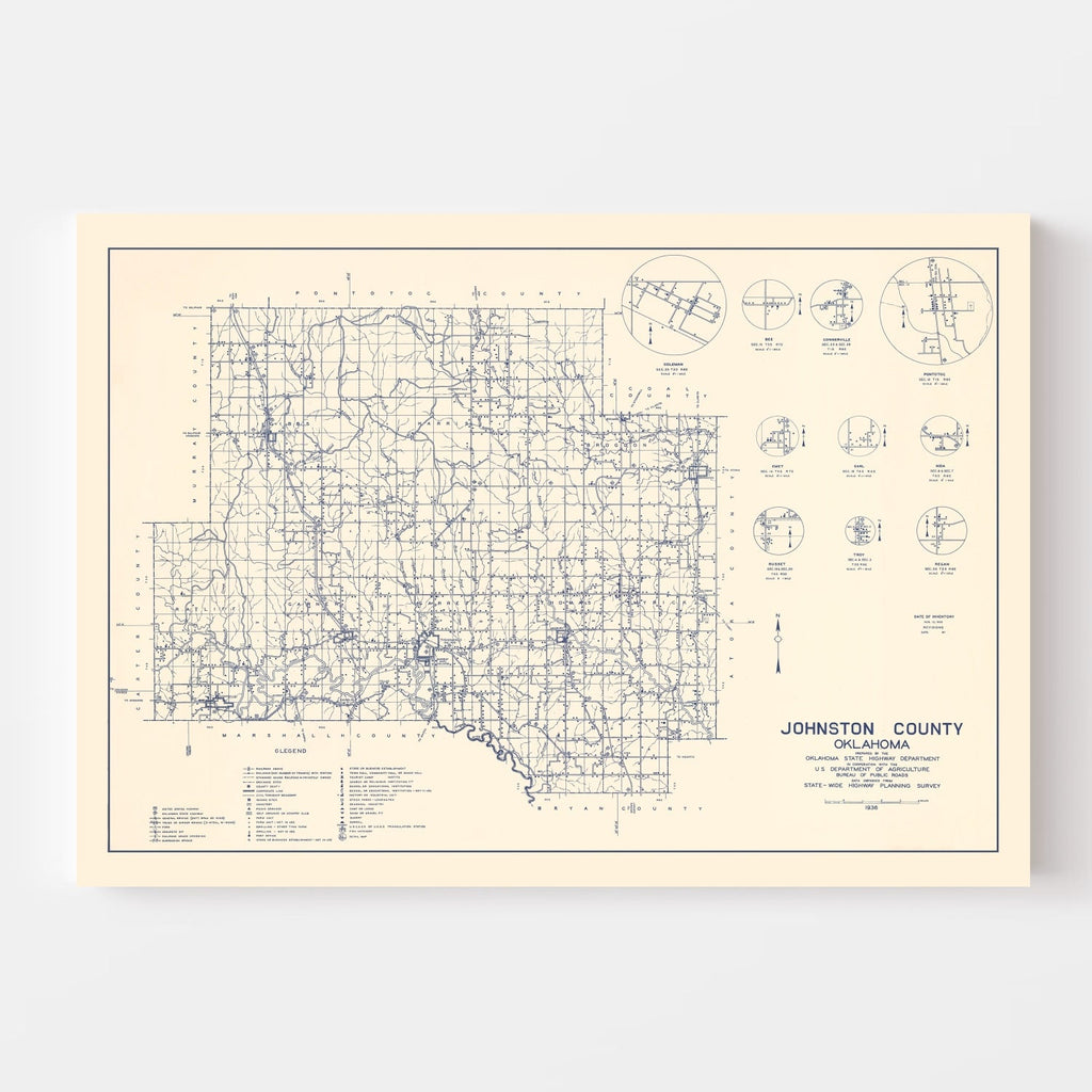 Vintage Map of Johnston County, Oklahoma 1936