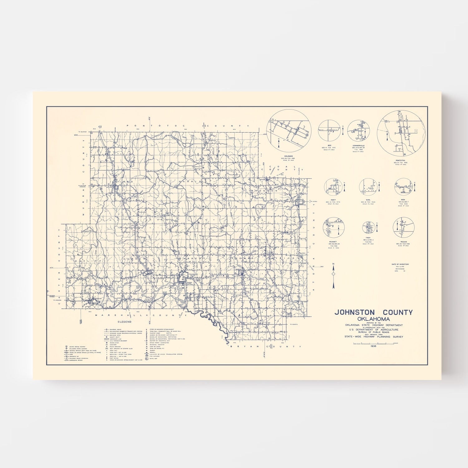 Vintage Map of Johnston County, Oklahoma 1936