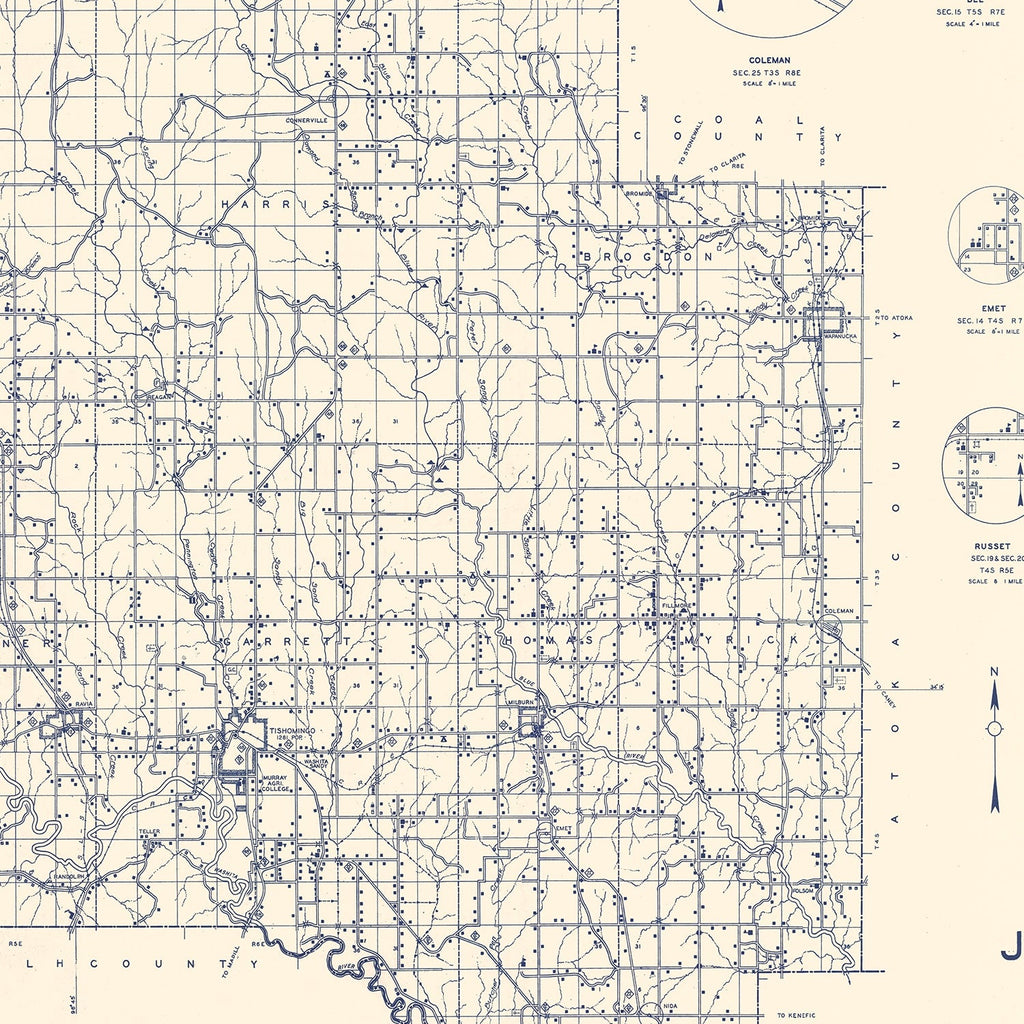 Vintage Map of Johnston County, Oklahoma 1936