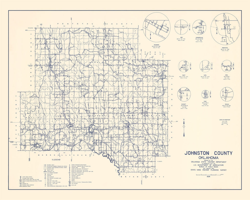 Vintage Map of Johnston County, Oklahoma 1936