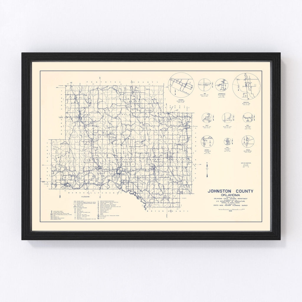 Vintage Map of Johnston County, Oklahoma 1936
