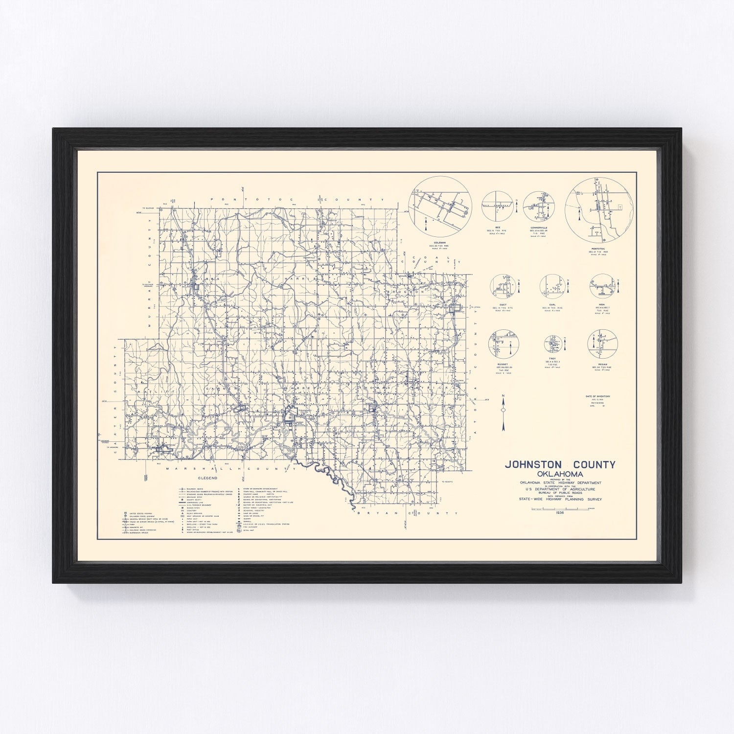 Vintage Map of Johnston County, Oklahoma 1936