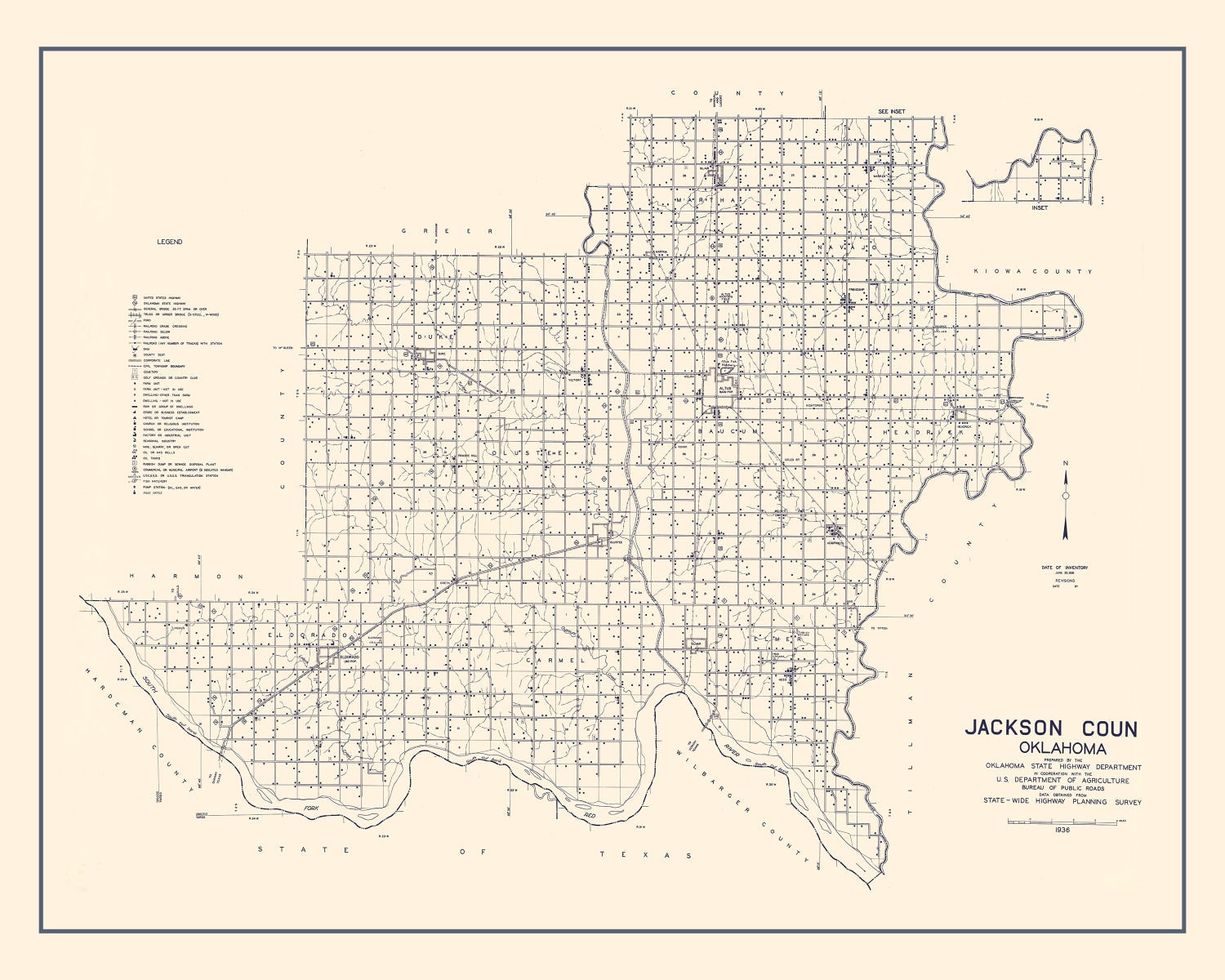 Vintage Map of Jackson County, Oklahoma 1936