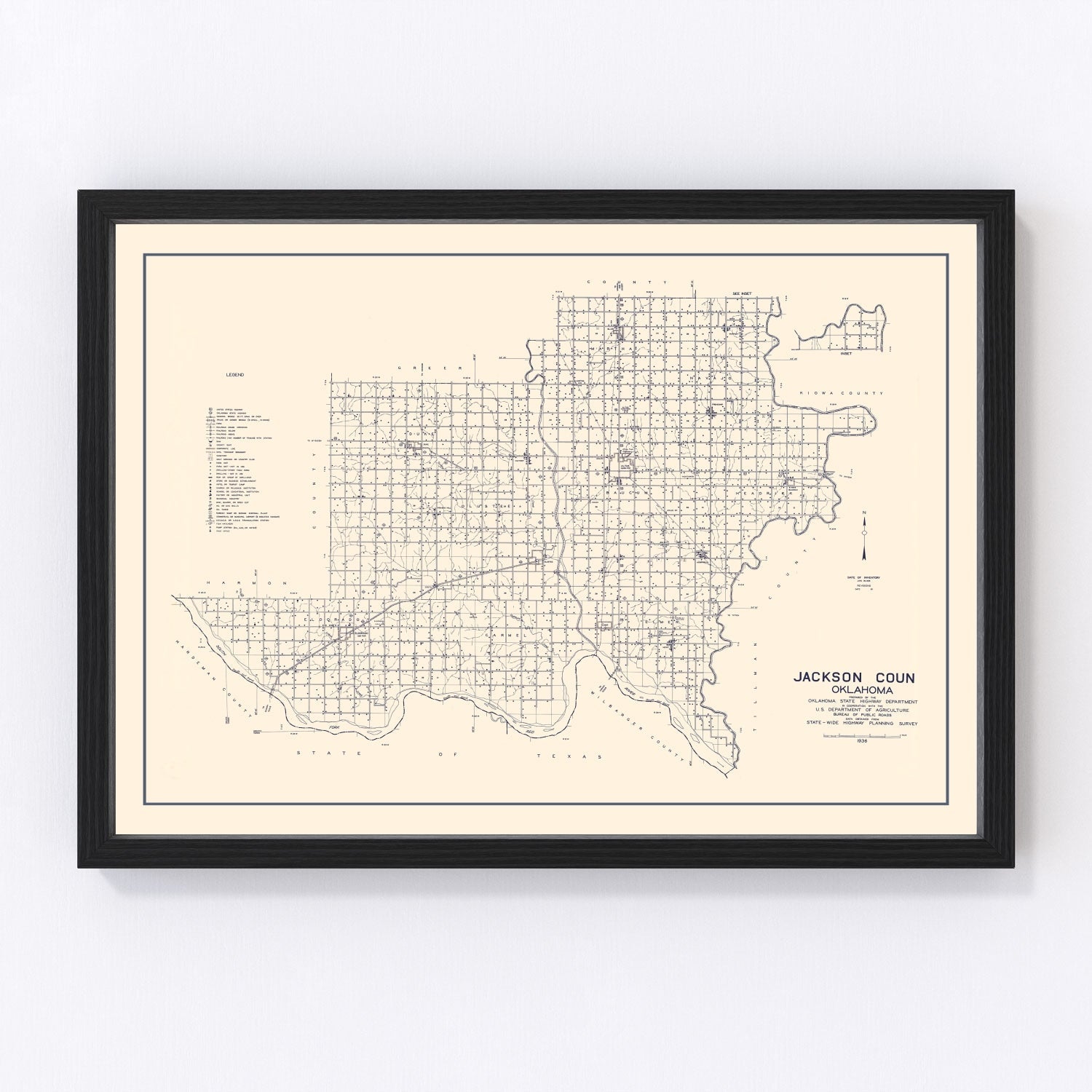 Vintage Map of Jackson County, Oklahoma 1936