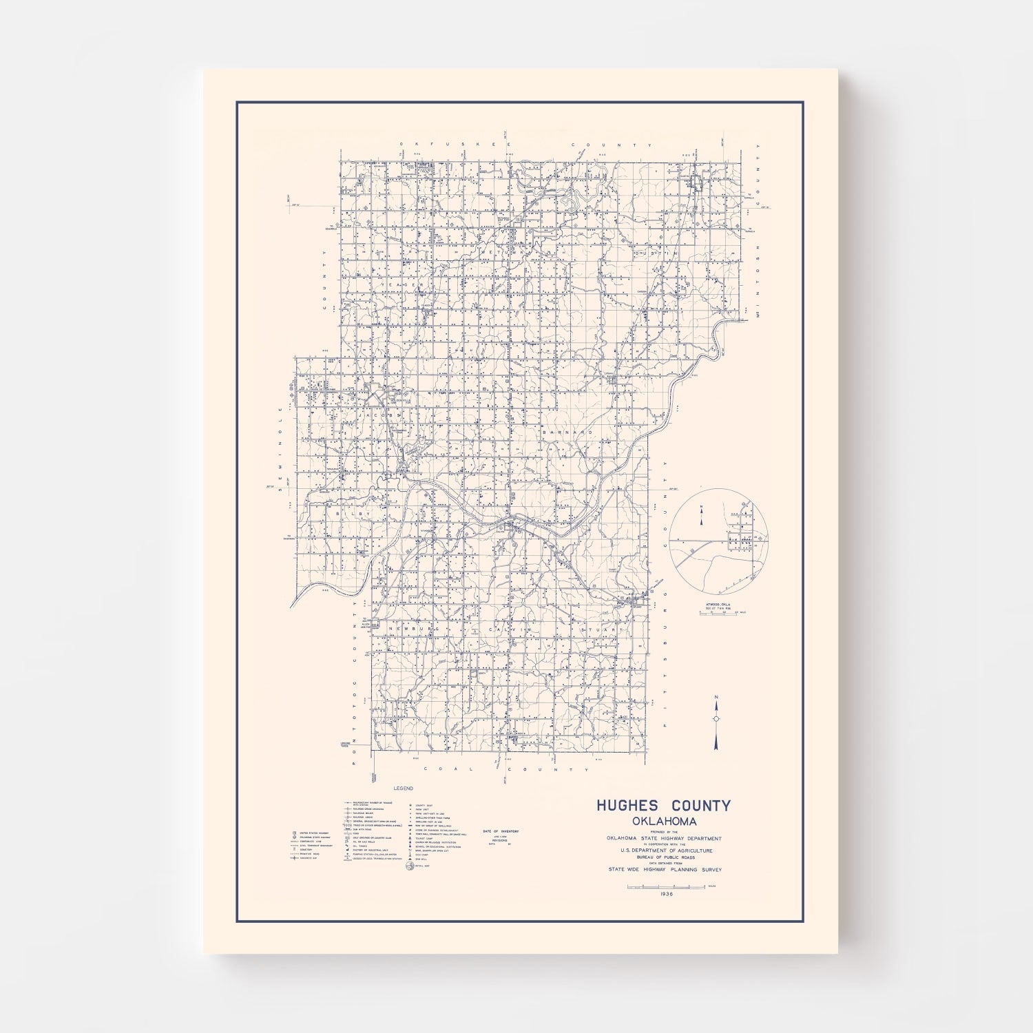 Vintage Map of Hughes County, Oklahoma 1936