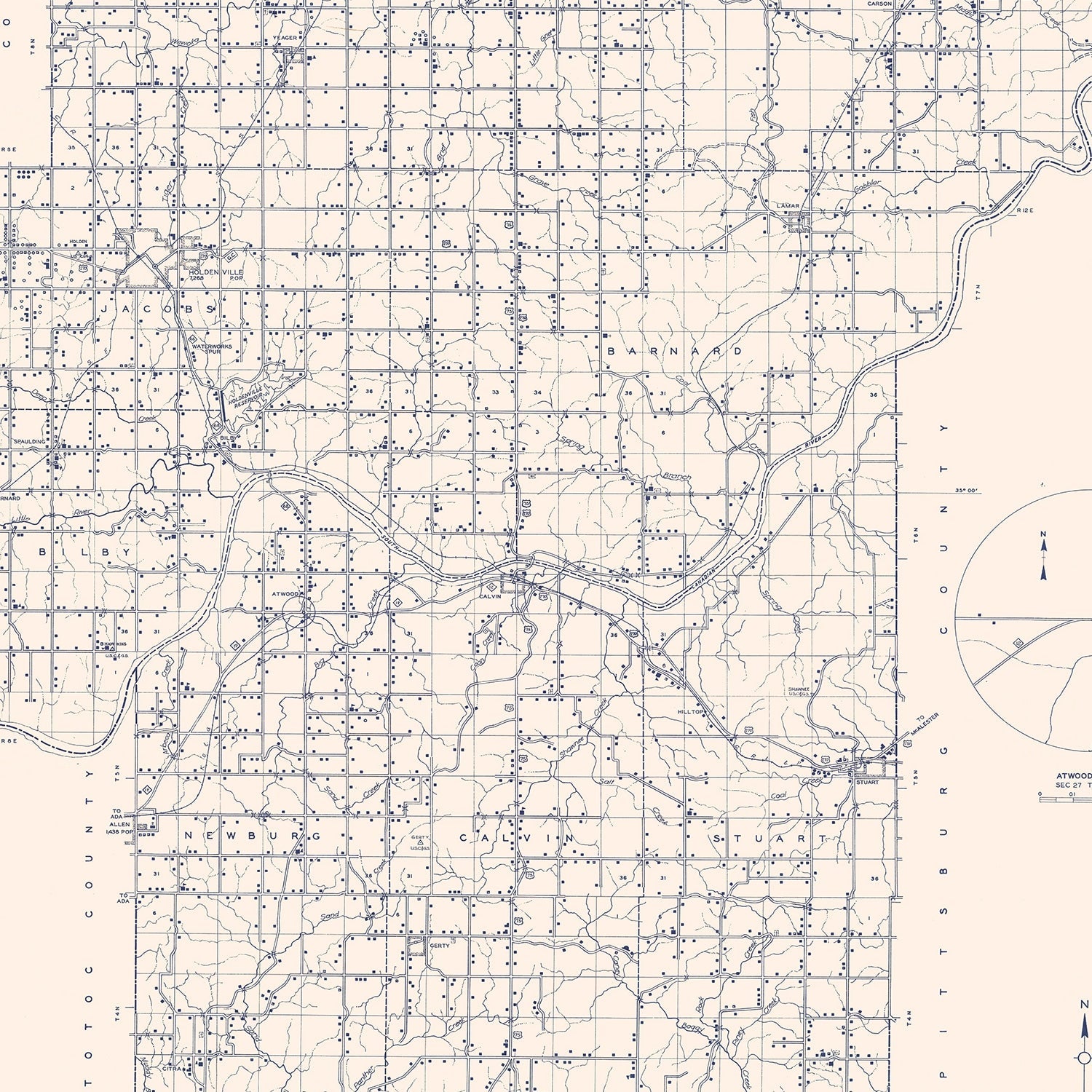 Vintage Map of Hughes County, Oklahoma 1936