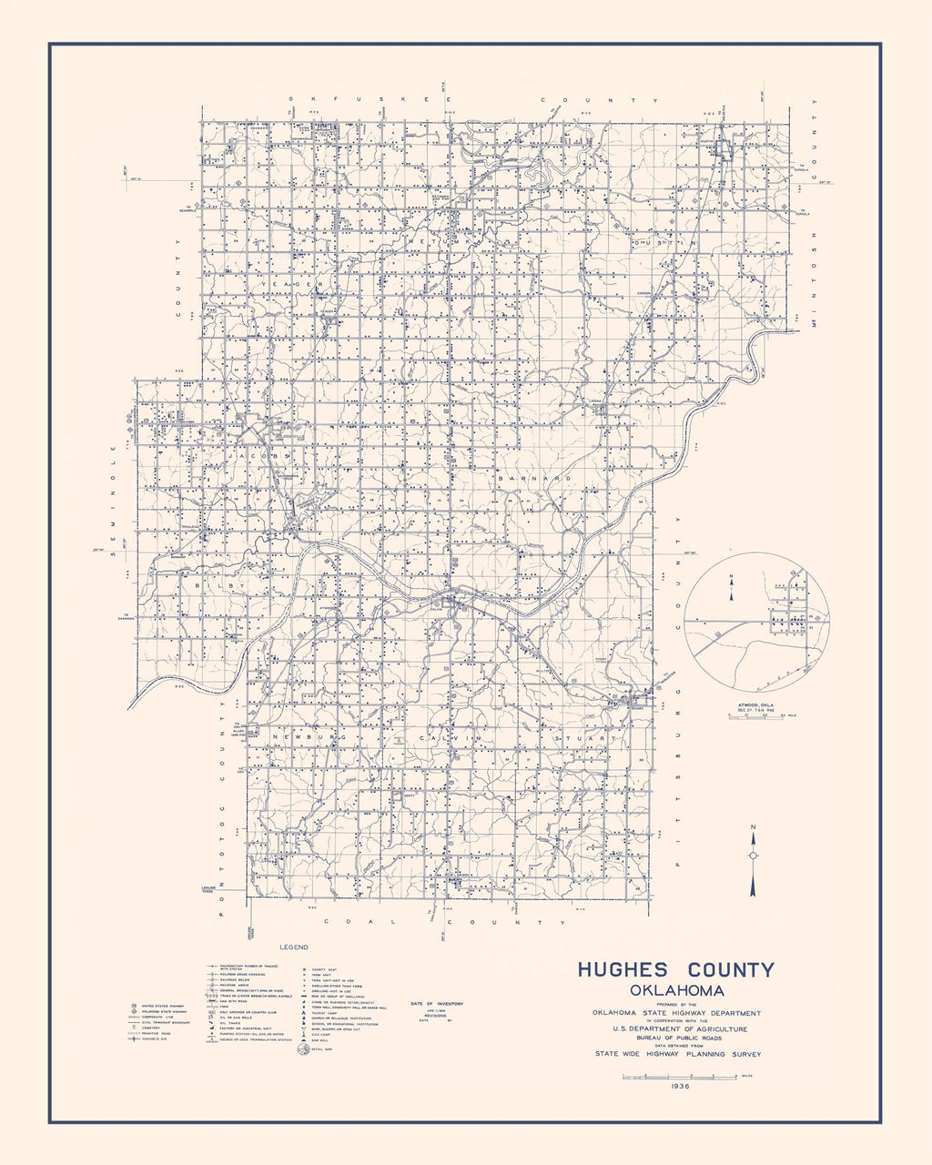 Vintage Map of Hughes County, Oklahoma 1936
