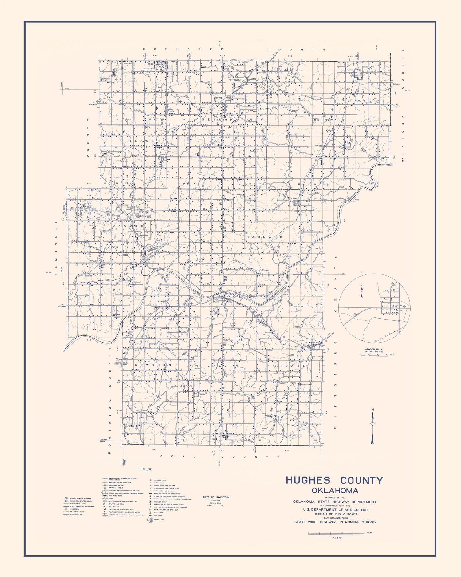 Vintage Map of Hughes County, Oklahoma 1936
