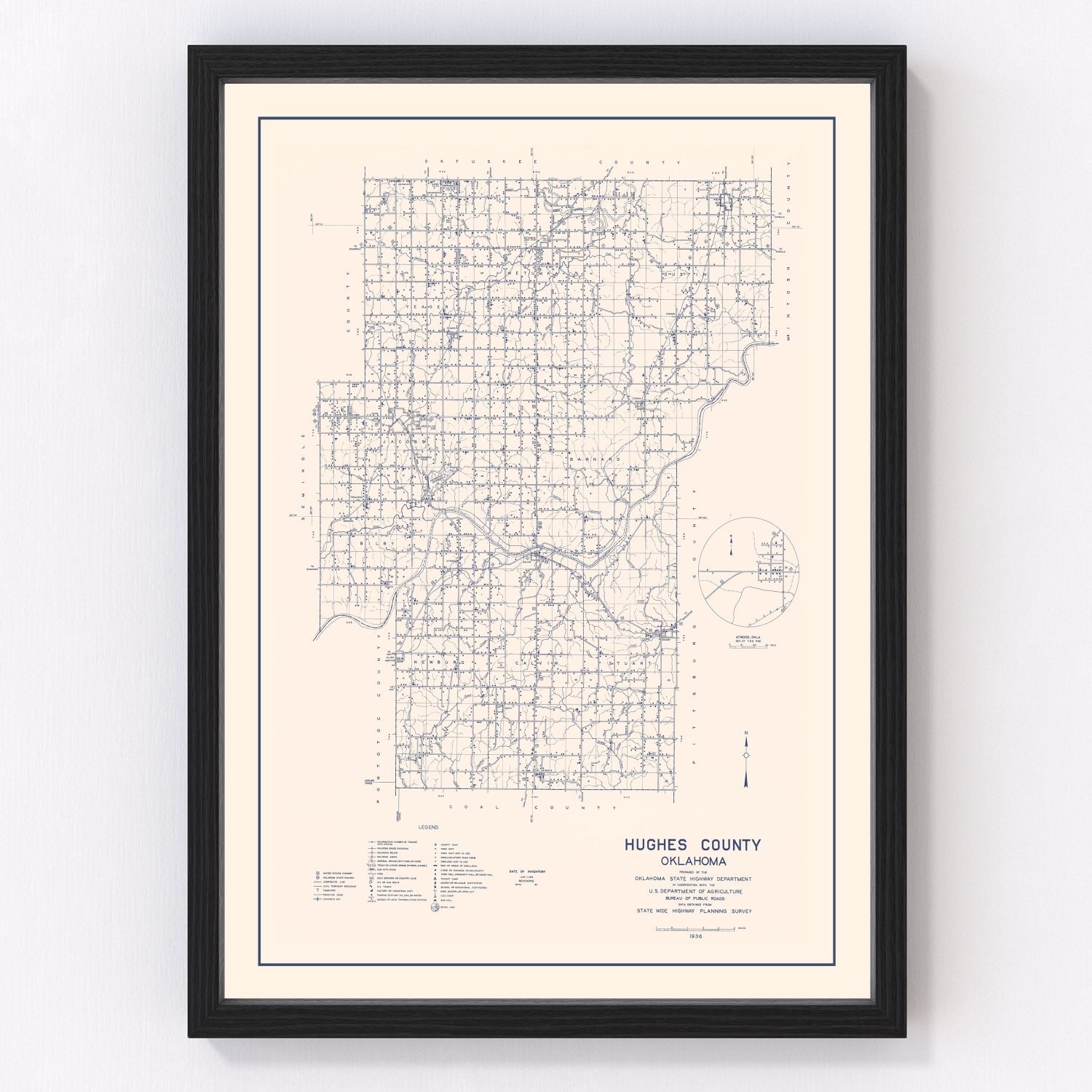 Vintage Map of Hughes County, Oklahoma 1936
