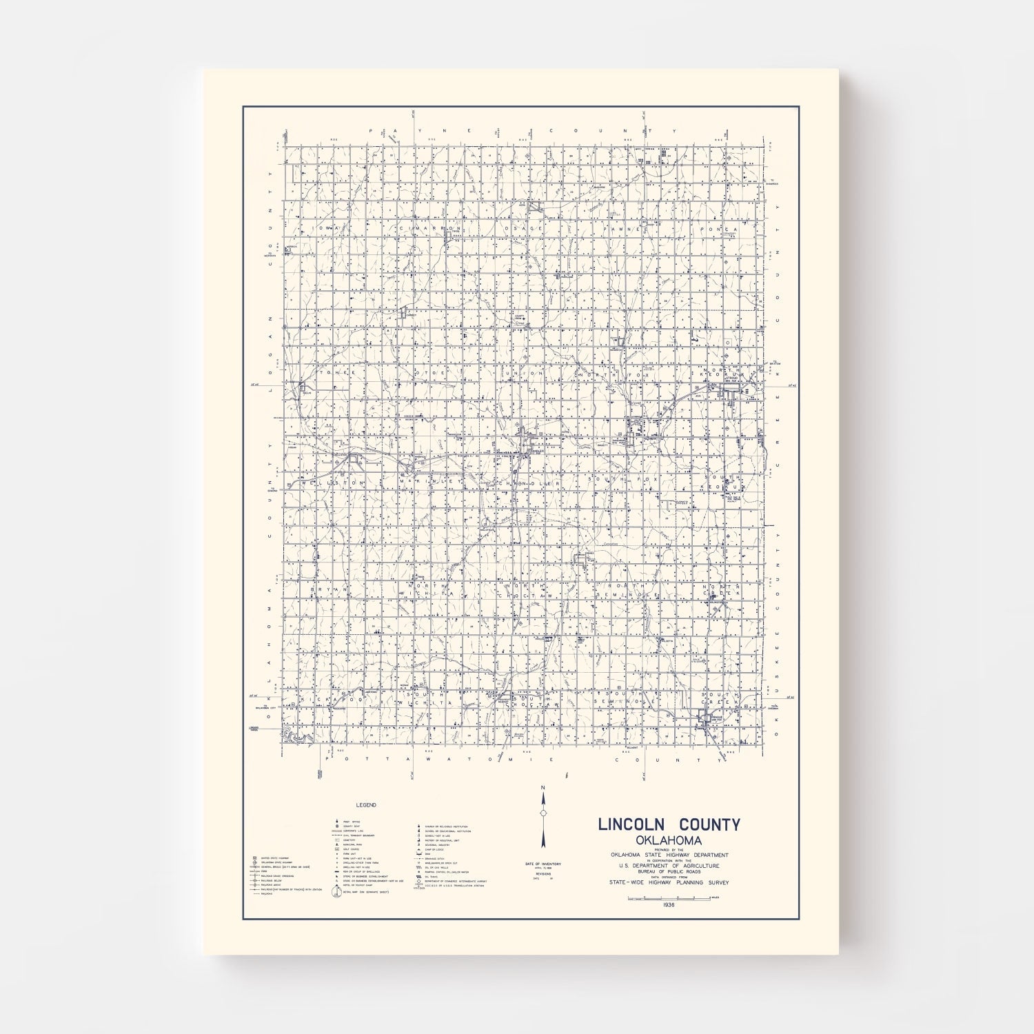 Vintage Map of Lincoln County, Oklahoma 1936