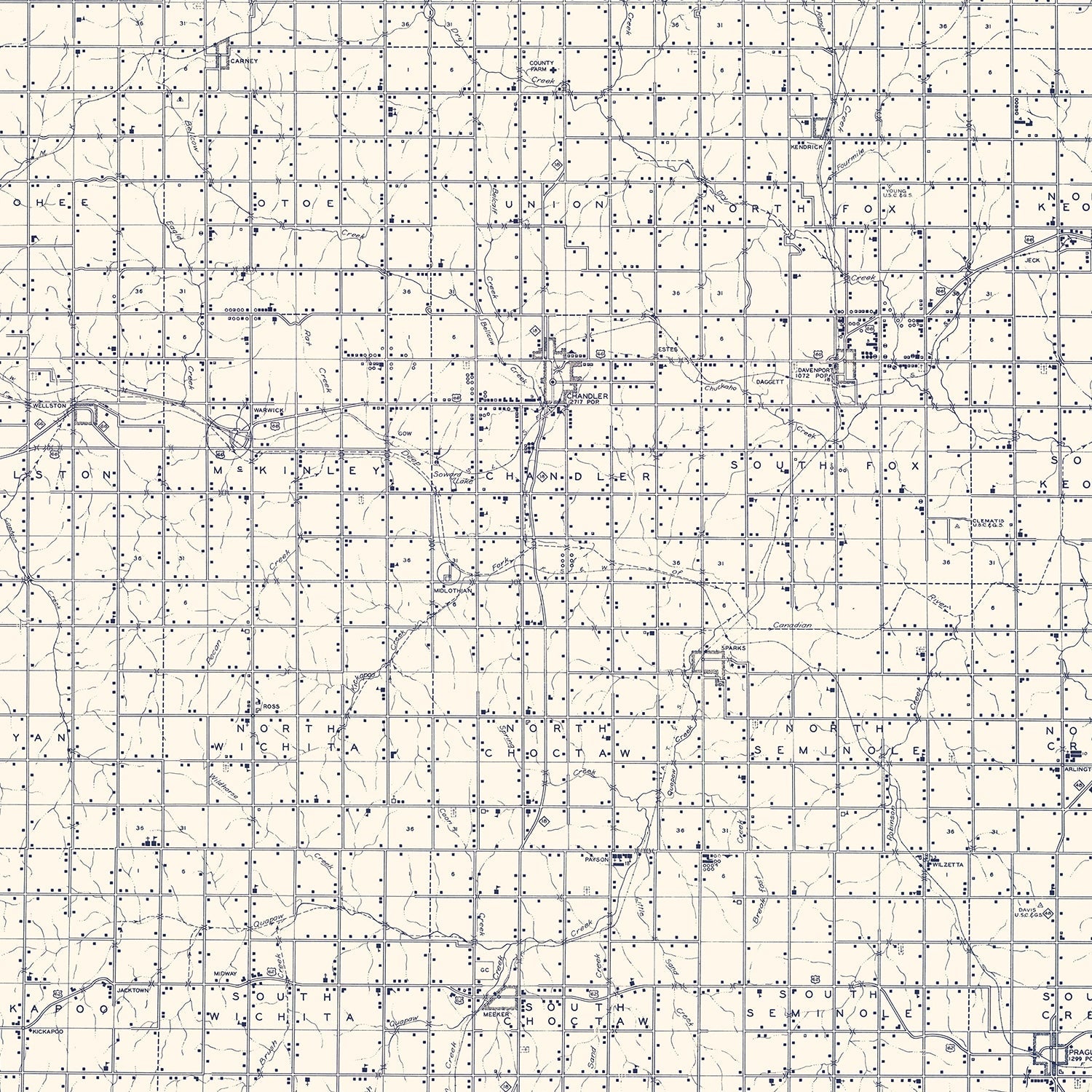 Vintage Map of Lincoln County, Oklahoma 1936
