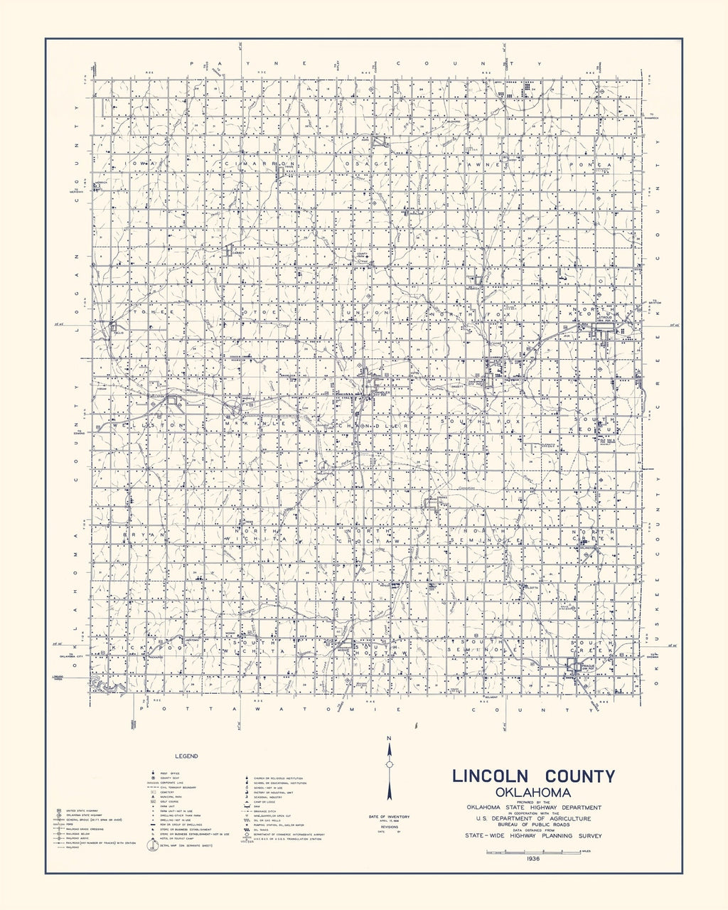 Vintage Map of Lincoln County, Oklahoma 1936