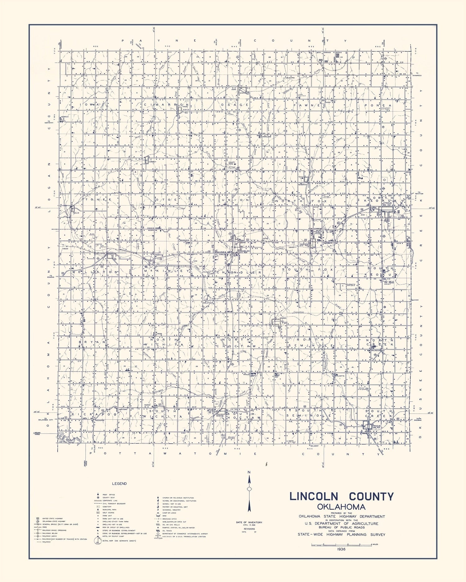 Vintage Map of Lincoln County, Oklahoma 1936
