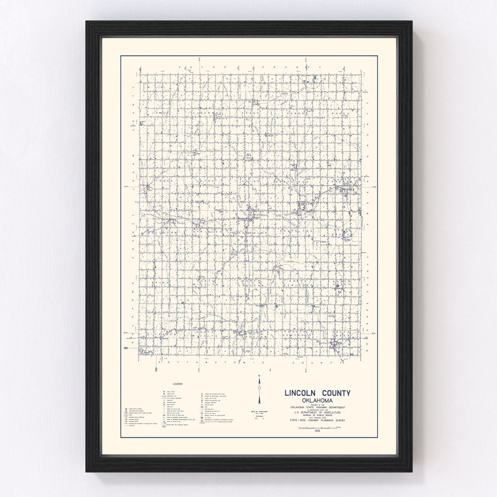 Vintage Map of Lincoln County, Oklahoma 1936