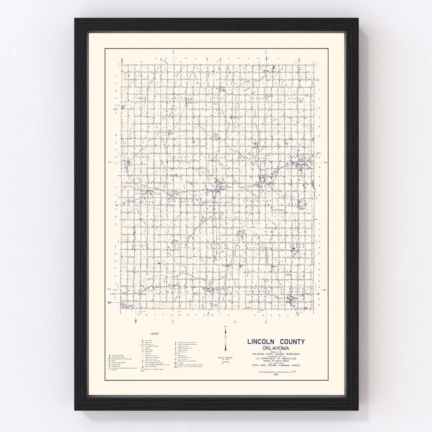 Vintage Map of Lincoln County, Oklahoma 1936