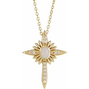 14K Yellow Gold Natural White Opal & .06 CTW Natural Diamond Nativity Cross 16-18" Necklace