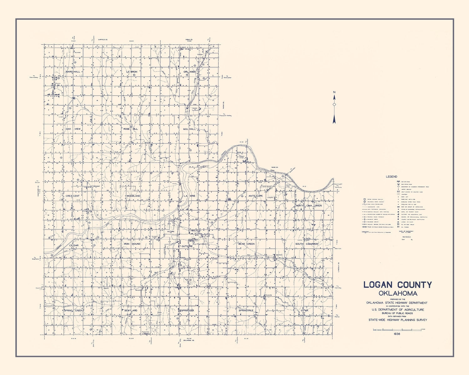 Vintage Map of Logan County, Oklahoma 1936