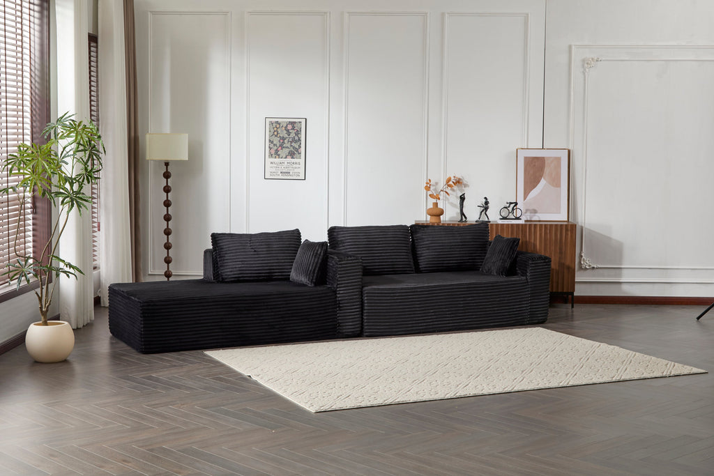 Compression Sectional Couch with Comfy Chaise, Boneless L Shape Sofa with Deep Seat, Minimalist Modular Couches Sleeper for Living Room Bedroom Apartment Lounge,corduroy,Black