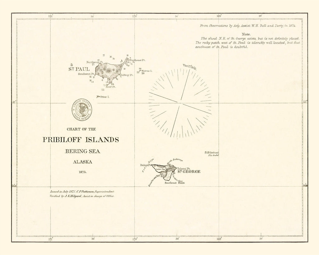 Vintage Pribiloff Islands, AK Map 1875